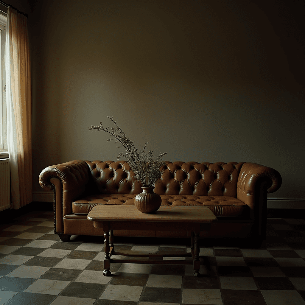 A vintage leather sofa and rustic wooden table create a cozy ambiance in a warmly-lit room.