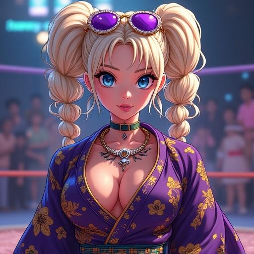 Anime scene set in a luxurious martial arts arena with a character that has big blonde curly pigtails and blue eyes. Wearing a modern Mardi Gras printed ninja battle kimono. Features a sadistic grin and colorful tattoos. Stylish purple and gold sunglasses on the head. Muscular physique and double belly button ring.
