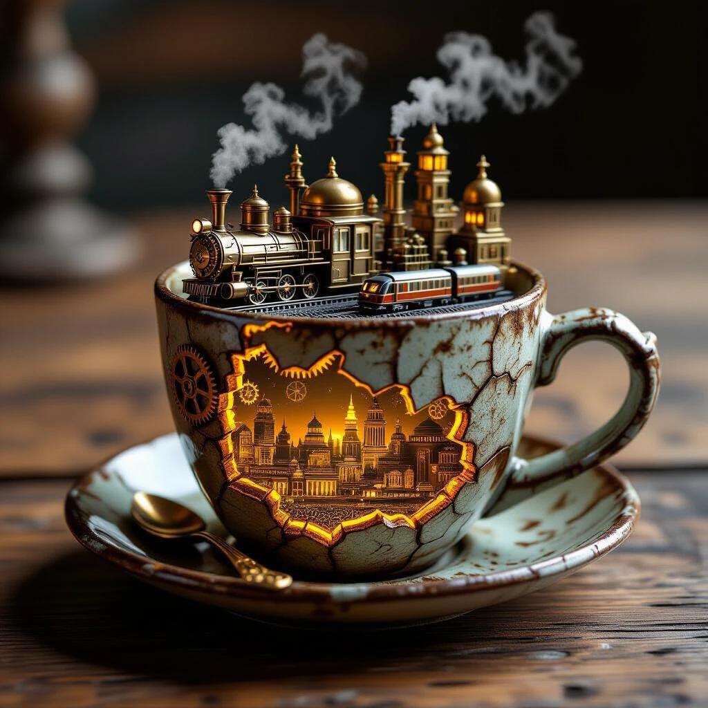 Old ceramic coffee cup with detailed steampunk city inside. Cup has integrated bronze gears and pipes. Surrounded by rustic wooden table. Tiny buildings and trains made of brass. Steam billowing from landmarks. Cracks in the cup filled with glowing amber light.