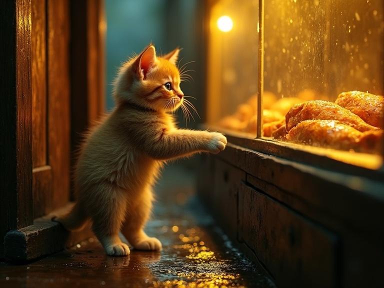 A golden kitten with matted fur pushes open a wooden door. Rain drips from its head. It enters a warm butcher shop glowing with yellow light. The kitten approaches a glass counter filled with fried fish and raises a paw to the glass. The camera zooms into the kitten's eyes filled with hunger and hope.