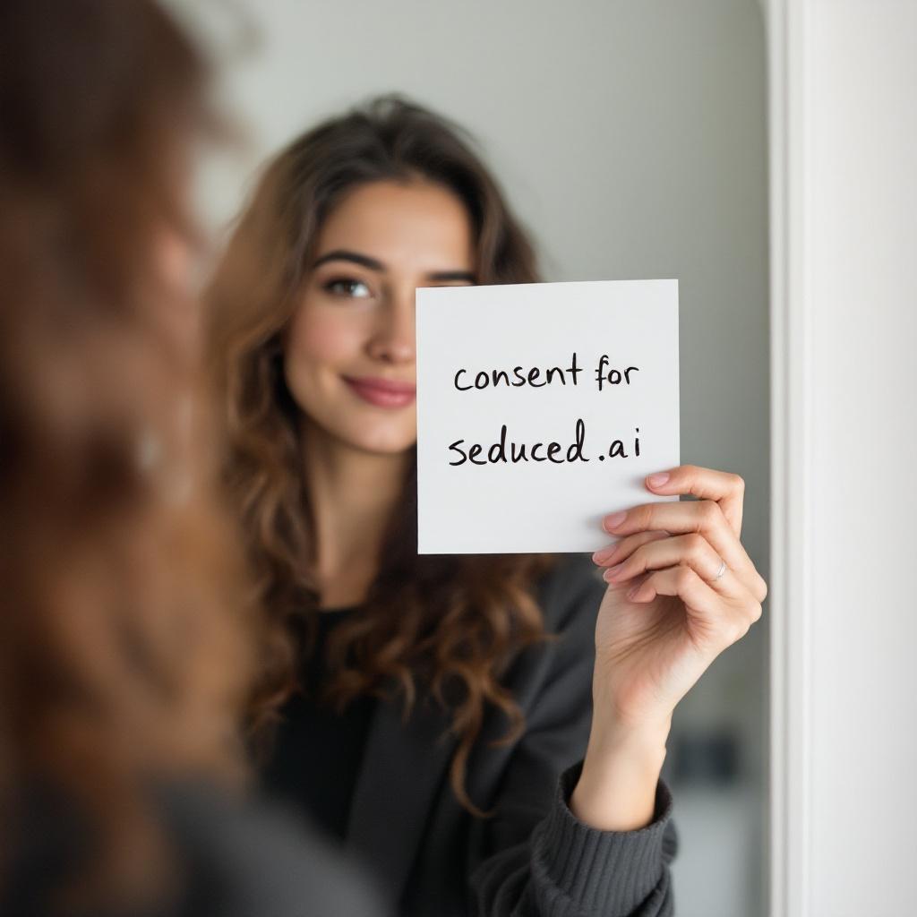 Person holds a paper in front of a mirror. The paper has handwritten text. The woman has curly hair and shows a slight smile. Neutral indoor space with soft lighting.