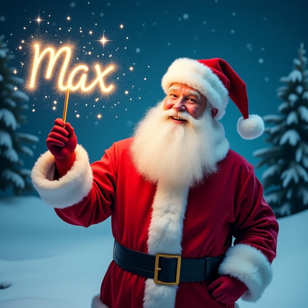 A joyful Santa Claus holds a glowing wand in a snowy landscape. He wears a classic red suit with white fur trim. The name Max is written in sparkles. Eyes twinkle with joy. Snowy scene features evergreen trees and starry night sky. Perfect for festive and magical holiday atmosphere.