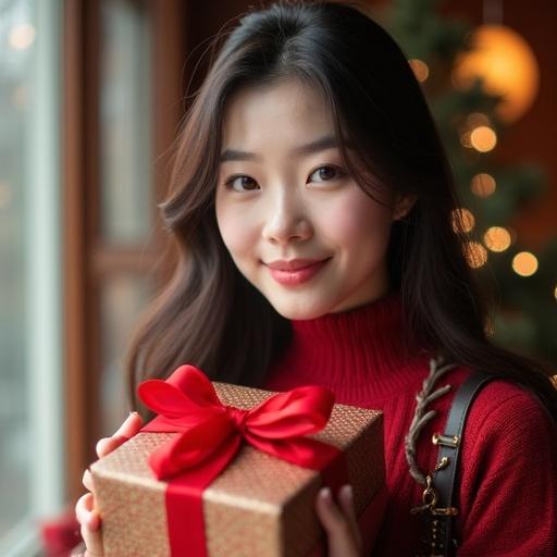 Young woman with soft features holding a Christmas gift. Elegant smile. Model has long hair and casual festive attire. Background gives a warm holiday feel.