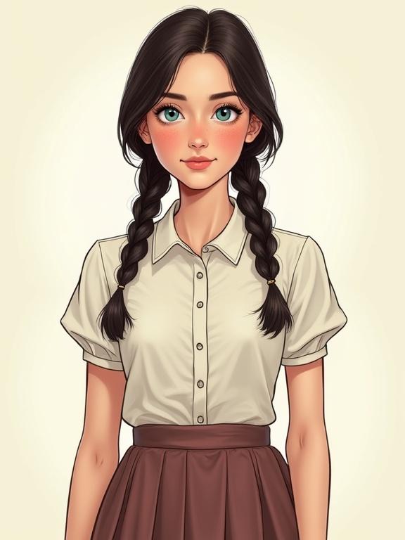 Full body portrait of a teenage girl with a modest appearance. She has rosy cheeks and an upturned nose. Hair is dark brown, styled in two braids. Wearing a button-up blouse and a long skirt. The focus is on her angelic features and youthful look in a trendy background.