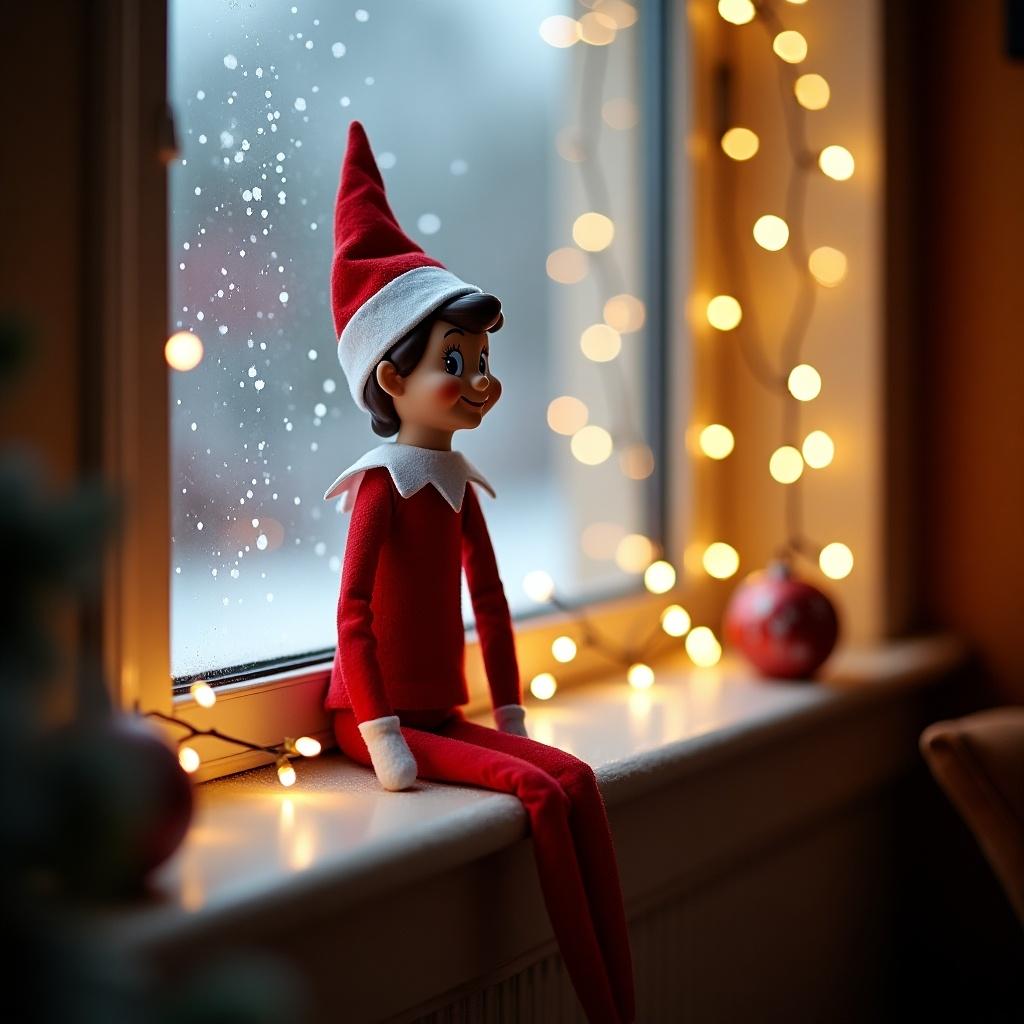 A festive elf doll sitting on a windowsill. Snow gently falls outside while warm lights twinkle around the window.