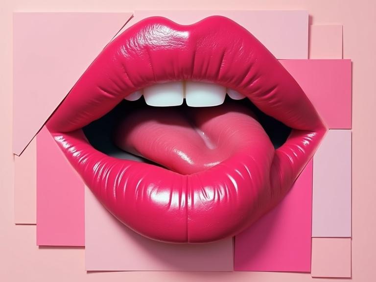 Geometric abstraction featuring prominent pink lips and tongue in a modern artistic composition.