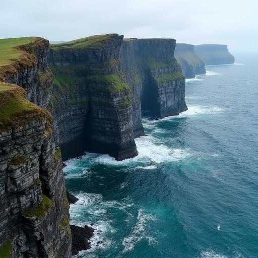 View of a rugged cliff along the coast with dramatic ocean waves