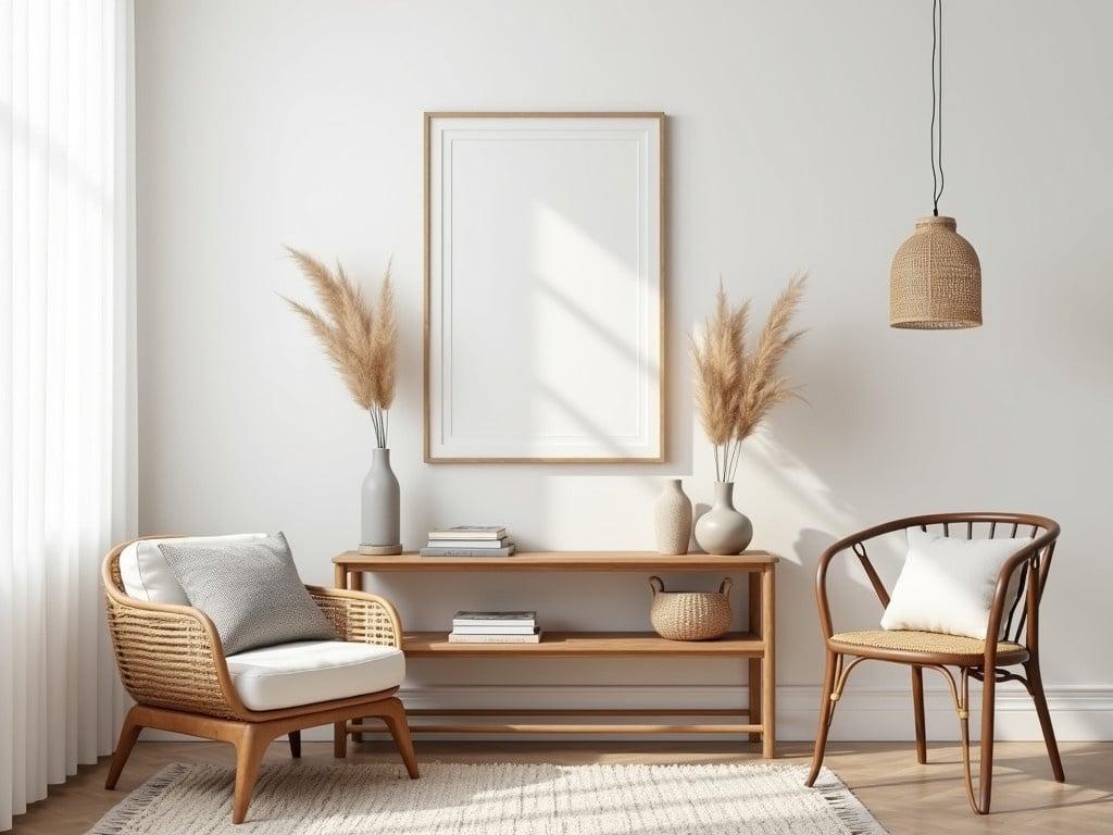 Create an image of a Scandinavian interior living room. Include a rattan console table that serves as a centerpiece. Add a wooden chair next to the console. Feature a mock-up poster frame mounted on the wall above the console. Place pampas grass in a stylish vase on the console for a natural touch. Incorporate trendy home accessories, like decorative cushions and a neutral area rug, to enhance the minimal decor.