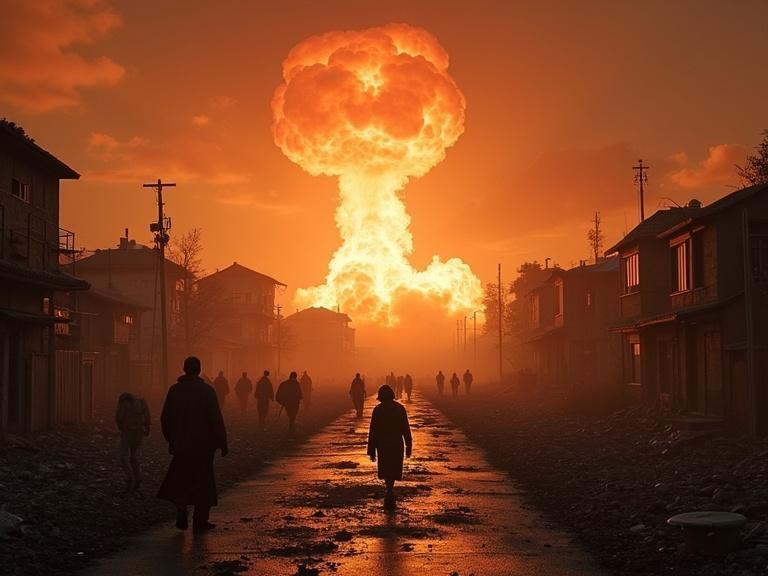 A ground-level view shows an orange mushroom cloud against a darkened sky. The scene includes shadows of figures walking among burnt buildings and rubble.
