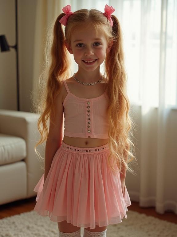 A young girl with long blonde hair in twin tails wearing pink bows. She stands in a softly lit living room. Her outfit includes a crop top and a low-rise micro skirt. She sports thigh-high socks and simple black shoes. She has a flirty smile and a beautiful face.