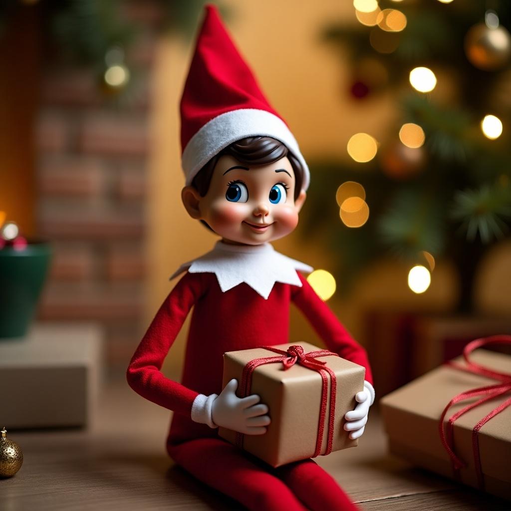 This image features a charming elf figure dressed in a classic red and white outfit. The elf is seated with a wrapped gift in its hands, bringing a festive charm. The background is adorned with Christmas ornaments and a beautifully decorated tree. Soft, warm lighting enhances the inviting atmosphere of the scene. The elf's cheerful expression captures the playful nature of holiday traditions and the essence of Christmas cheer.