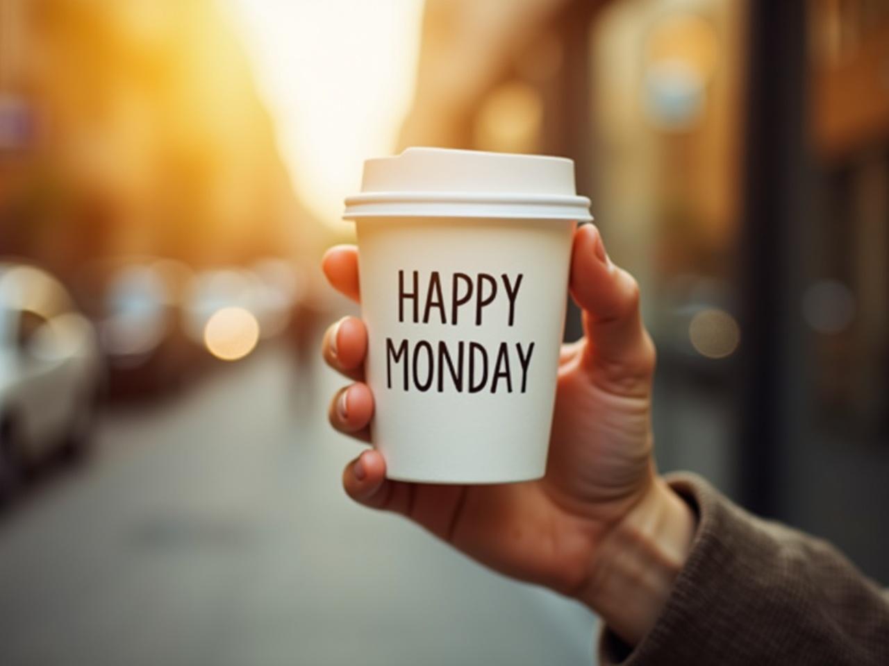 Detailed photography shows a hand holding a white disposable coffee cup. The cup has 'HAPPY MONDAY' text. The background is blurred with warm, yellowish tones suggesting a sunny street setting. This conveys a positive message for the start of the week and reflects the need for coffee on Monday mornings.