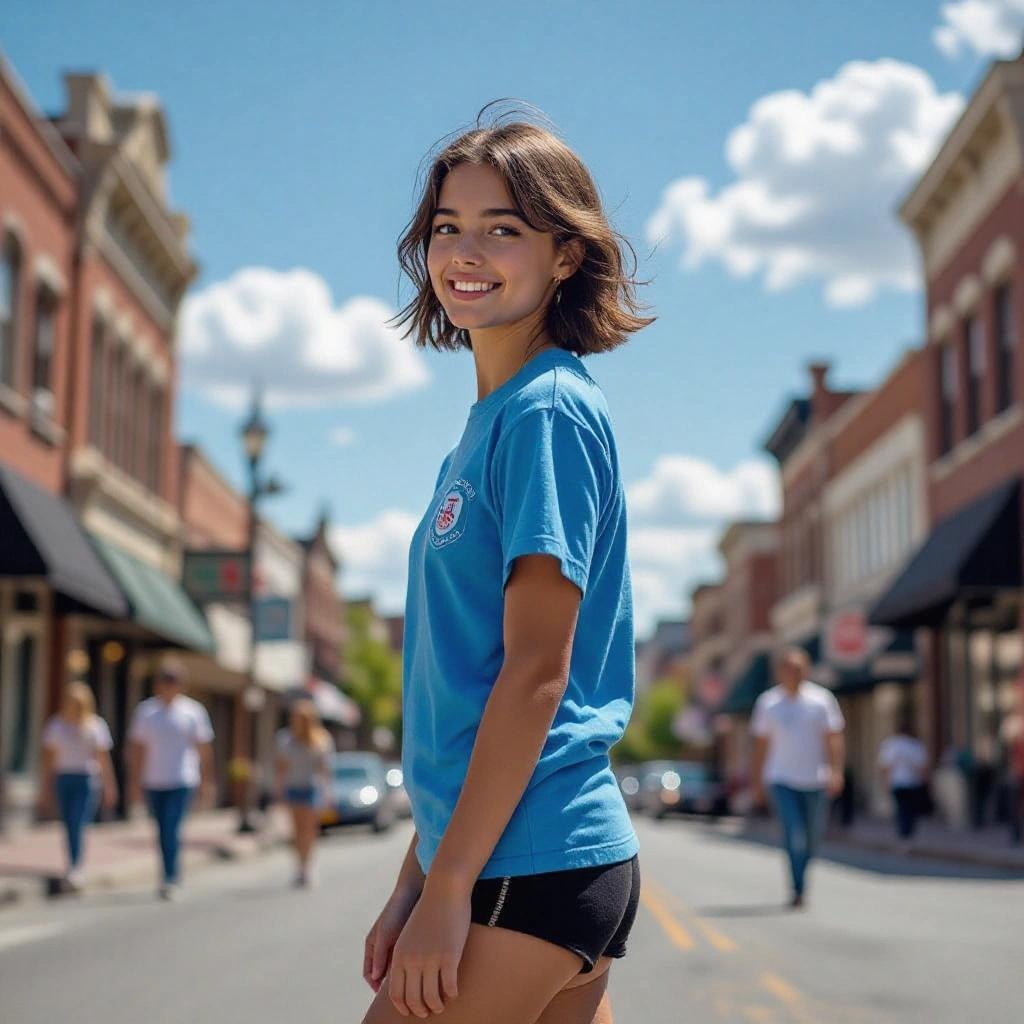 Photo of young girl walking on street on sunny day. Girl looks back at camera and smiles. Wears blue college shirt and black shorts. Fluffy bob hair and light freckles. People walk in background.
