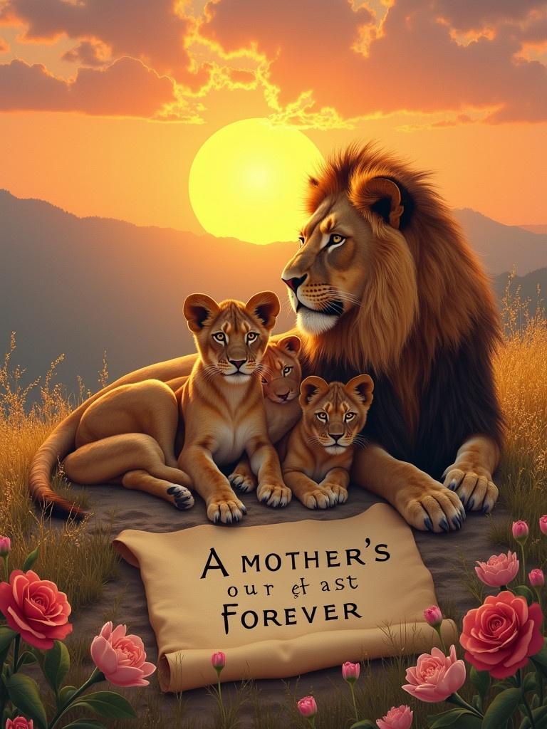 Lioness lays with her three cubs at sunset. Mountains in the background. Scroll with words A MOTHER'S LOVE LAST FOREVER.