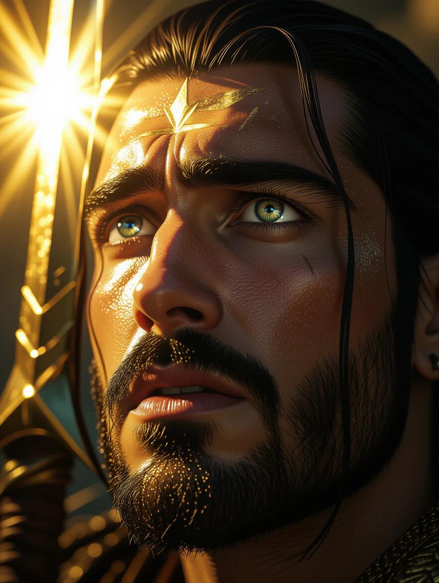 Close-up of a character's face staring upward. Eyes wide with dread and awe. A beam of divine light reflects in his eyes. Expression showcases fear defiance and guilt. Golden glow casts shadows. Ultra-realistic cinematic lighting with emotional intensity and tight framing.