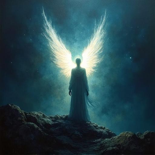 A glowing angel is standing in darkness. The angel pierces through the night with bright light. The artwork captures strength and ethereal beauty in a style reminiscent of Boris Vallejo.