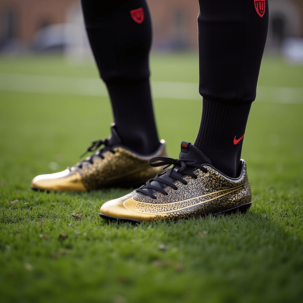 A pair of gold and black soccer cleats with a glittery design on a grass field.