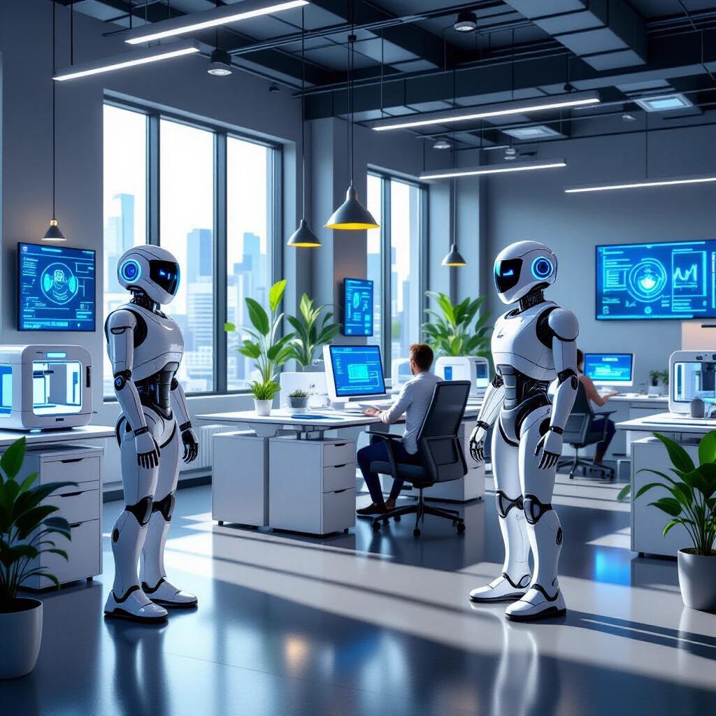 Futuristic office environment with robots. High-tech setting filled with AI technology. 3D printers scattered throughout. Modern workplaces featuring advanced equipment. Natural light flooding through large windows.