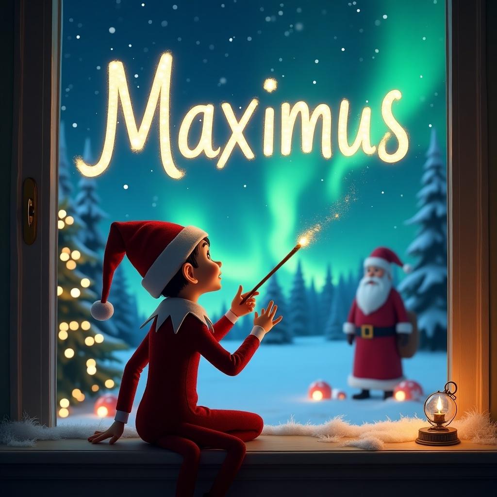 An elf on the shelf with his back to the viewer sits by a window, gazing at the magical sky. Holding a wand, he elegantly writes the name 'Maximus' in glowing letters against the backdrop of northern lights. Outside, Santa Claus is visible among snow-covered trees, creating a festive atmosphere. The warm glow from a lantern adds a cozy feeling to the scene. It's a perfect blend of holiday magic and childhood wonder.