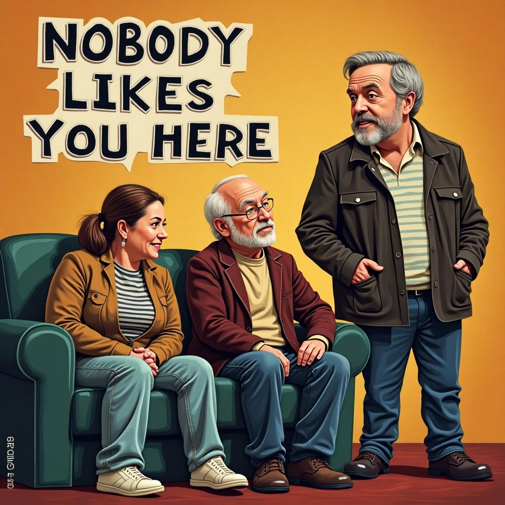 Three individuals sit on a couch. The text says nobody likes you here. Each person has a unique expression. The background is simple and colorful.