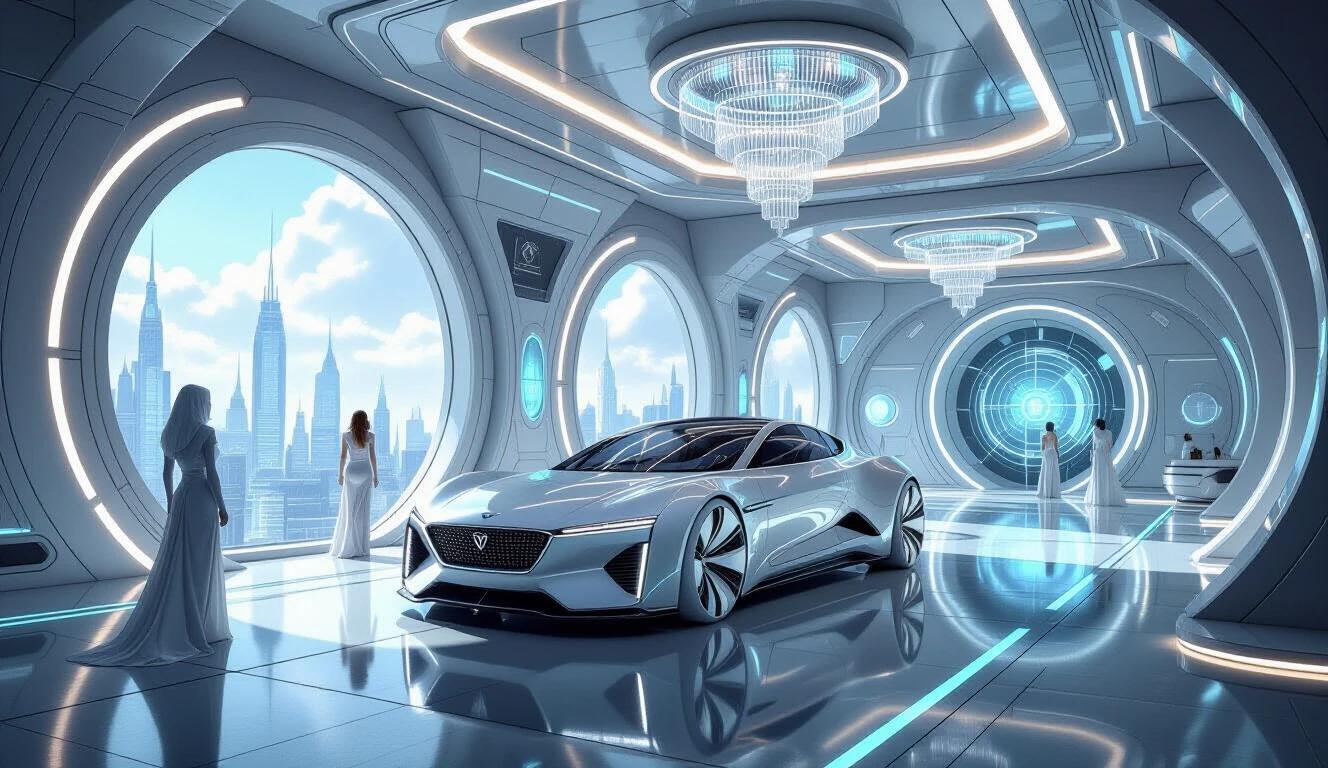 Scene exudes futuristic elegance. A sleek futuristic car in a modern interior. Bright shiny surfaces and ambient lighting. Windows showcasing a city skyline.