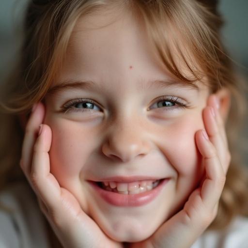 Close up image of a smiling girl. The girl has her toes against her face. This creates a lighthearted and playful moment.