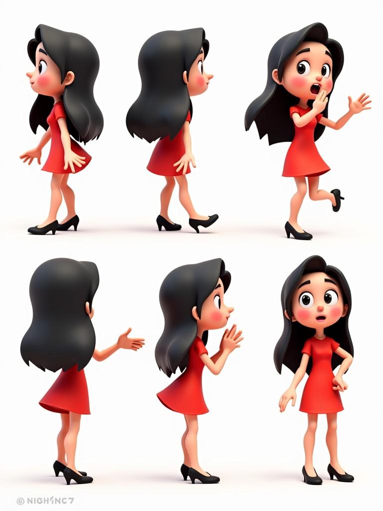 3D cartoon character of woman with long black hair wearing short red dress and high-heeled shoes. Multiple poses showcasing lively movement. Range of expressions including shyness excitement and curiosity. Bright color palette enhances cheerful theme.