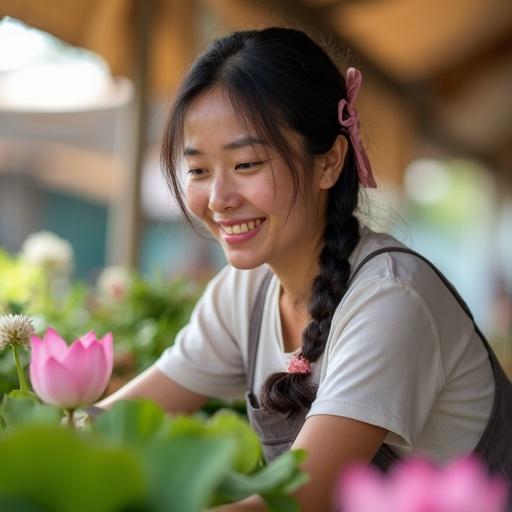 A Vietnamese woman arranging lotus flowers at a market stall. She is 26 years old with a loose braid. A pink ribbon ties her hair. Morning humidity gives her a natural look. A dirt smudge is on her cheek. She smiles warmly. Sunlight filters softly through awnings. A wicker basket of jasmine sits nearby. Natural skin texture. Canon EOS R5 shot.