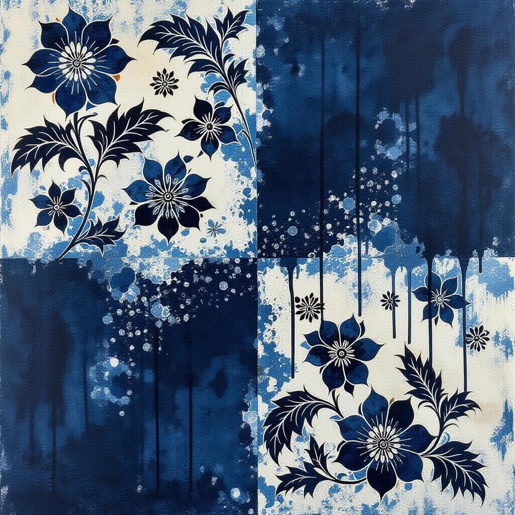 A contemporary art piece features Javanese Batik motifs with bold dripping ink overlays. Patterns dissolve into black and blue streaks. Hand-dyed fabric textures are visible beneath expressive smears. The lighting is high contrast against a studio backdrop.
