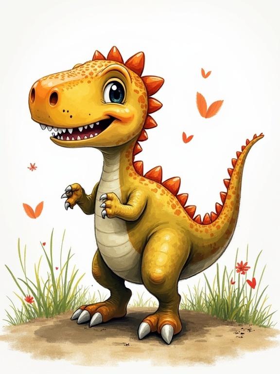 A colorful dinosaur character designed for a children's book cover. Features bright colors like yellow and orange with a friendly smile. Surrounded by grass, flowers, and butterflies.