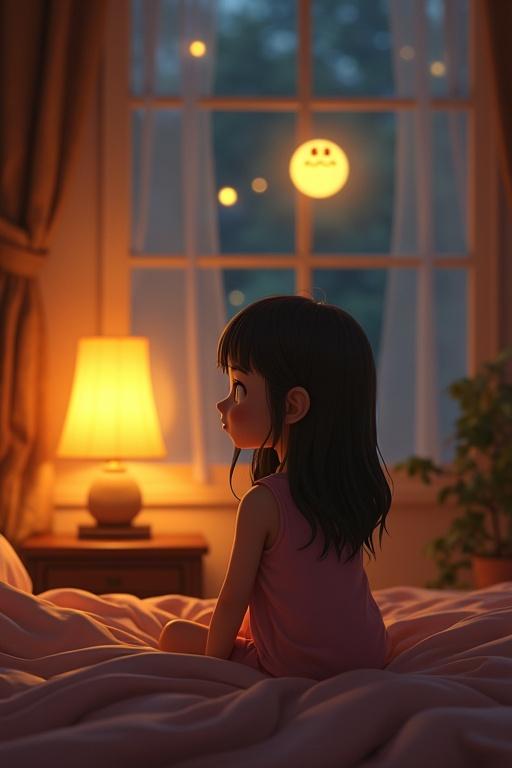 Animated girl sitting in a cozy bedroom. Nightlights glow through the window. Creates feelings of nostalgia and comfort. Glowing yellow orb floats near her head.