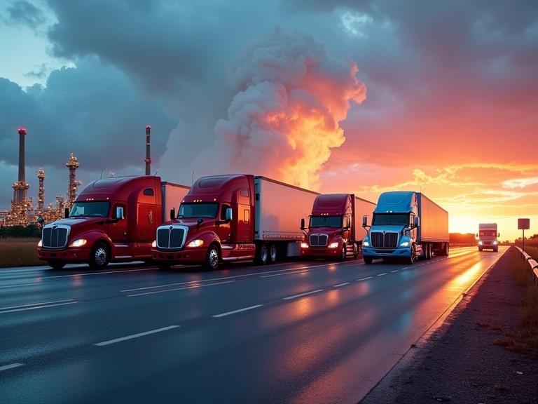 Four trucks parked diagonally on a highway. Red Freightliner Black Mack Silver Mercedes-Benz Blue International. Background features a refinery with bright lights. Wet pavement shows blue neon light rising through joints. Scene is vibrant with slightly retrowave style. Sky shows radiant sunrise with sun rays through a formidable cumulonimbus cloud.