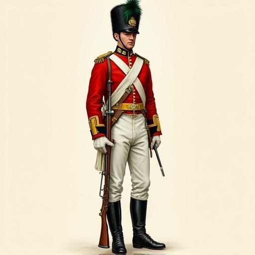 British light infantry soldier or fusilier dressed in a detailed red and white uniform showcasing a black stovepipe shako with green cords and plume. Holding a Baker rifle with bayonet. Features white crossbelts, yellow accented coat, and various military equipment such as ammunition pouch and water canteen. Focus on uniform detail and soldier stance.