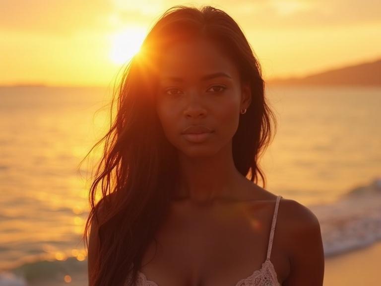 African American woman with long hair stands on the beach at sunset. The sun sets in the background, casting a warm glow on the scene. The woman has a relaxed expression. The ocean is visible behind her.