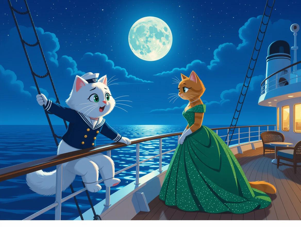 Two anthropomorphic cats on a luxury cruise ship under a full moon. A surprised white cat in a sailor outfit hangs off the side while an elegant orange cat in a sparkling green dress looks concerned. The scene is set at night with a starry sky and calm ocean.