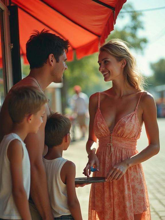 A woman in a pink sundress converses with two boys by a neighborhood stand selling massages. The image is low resolution with bright and unnatural colors typical of older phone cameras. The scene evokes a casual summer atmosphere with family interaction and a vintage aesthetic.