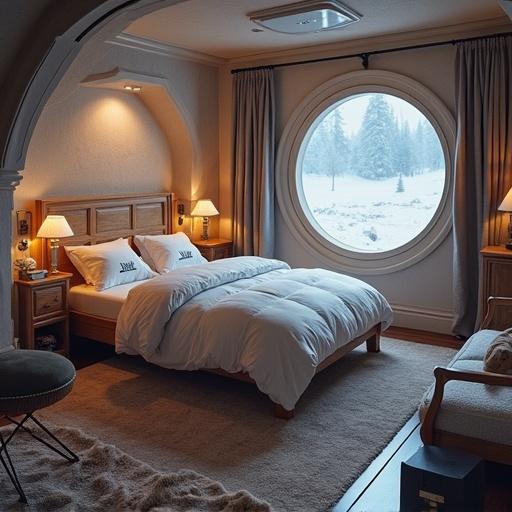 A cosy bedroom designed for a snowy environment resembling the planet Hoth from Star Wars. Features a round window displaying a winter landscape, warm lighting from lamps, and a minimalist bed with fluffy bedding. Room decor uses earthy tones to enhance warmth.