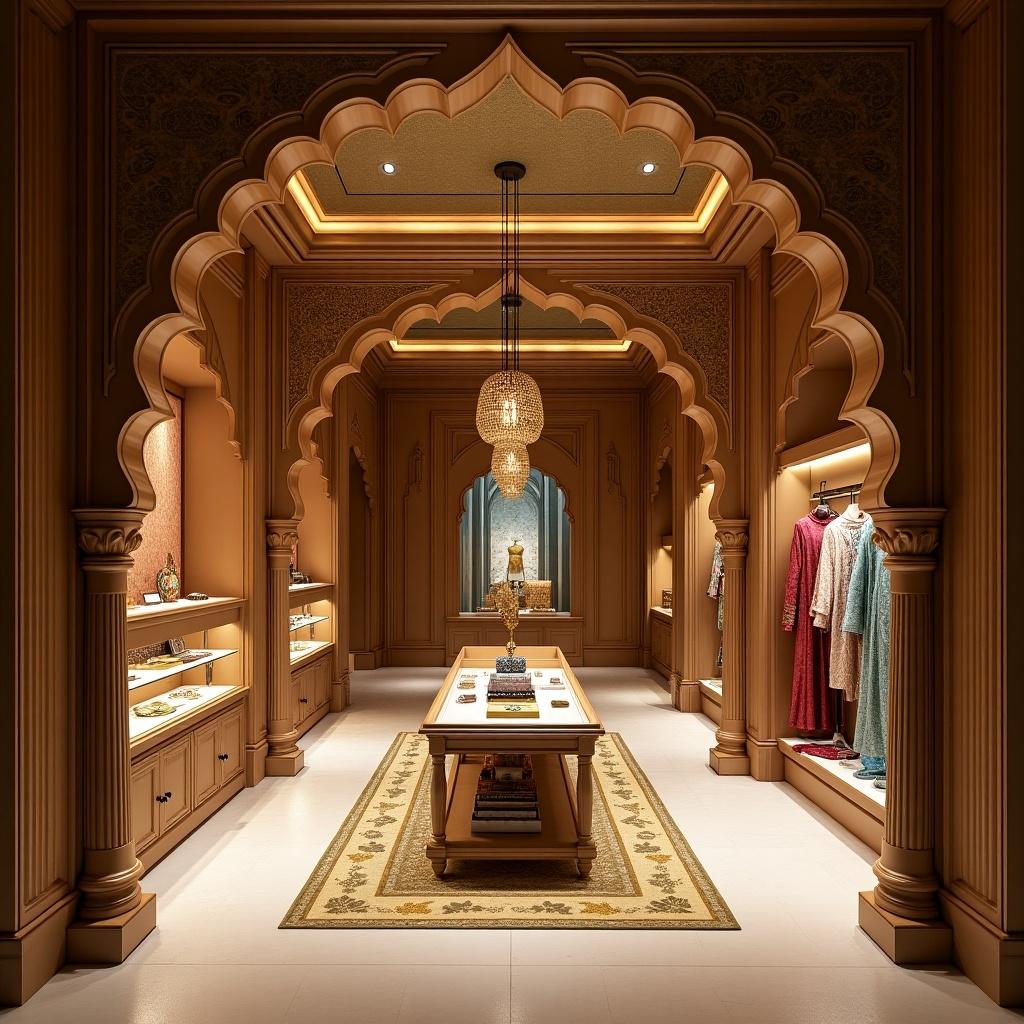 Design a luxury retail store celebrating Paithani textiles. The store features architecture inspired by traditional Maharashtrian motifs with modern touch. Interior uses gold accents, wooden carvings, and soft lighting. The layout offers zones for sarees and accessories. Displays highlight Paithani craftsmanship. Provide personalized services and a private lounge. Emphasize sustainability and artisan stories while creating a brand identity with modern typography and traditional motifs.