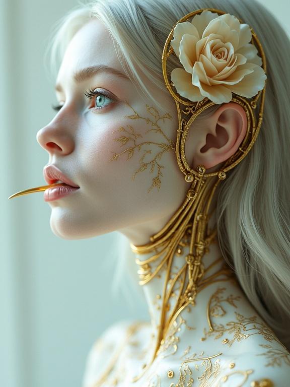 Elegant female figure in profile view. Long light-grey hair. Mechanical features with gold accents. Floral patterns in cream and rose tones. Warm blue eyes gazing off to the side. Soft expression. Dimensional quality highlighted by soft light. Artistic style blends realism with mechanics.