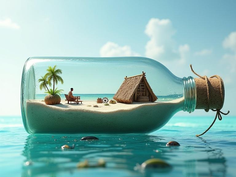 Highly detailed miniature beach scene inside a clear glass bottle. Bottle floats horizontally on calm sea. Cork partially removed and held by twine. Inside landscape features tiny wooden hut and a figure on a bench. Includes barrel ship wheel and coconuts. Ocean mirrors sea outside. Small waves on sandy shore. Two fish swim below. Surreal composition merges ship in a bottle with castaway life. Photorealistic quality blurs fantasy and reality.