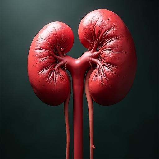 A realistic representation of a kidney in vibrant red color. Focus on anatomical details and structure. Background features a dark gradient for contrast.