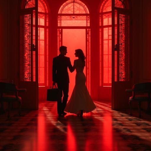 A couple in a 1930s ballroom mid-dance with a red background. One figure discreetly carrying a briefcase. An air of mystery and glamour pervades the scene.