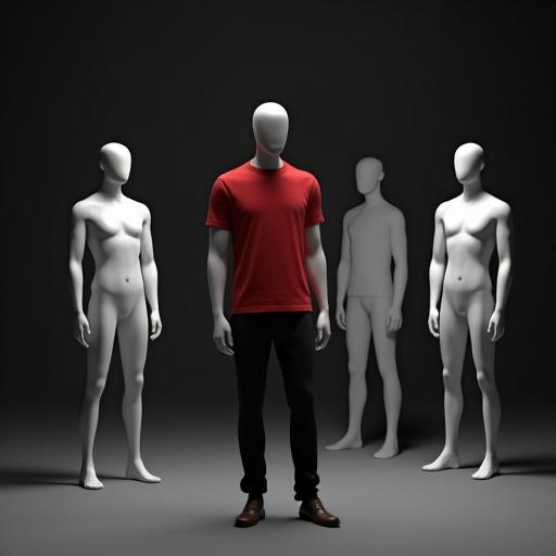 Digital 3D illustration of a central figure wearing a red t-shirt and black pants surrounded by stylized white mannequins. The setting is minimalist with a stark black and white environment and soft warm lighting. The perspective is elevated, focusing on the central subject in a plain and isolated backdrop.