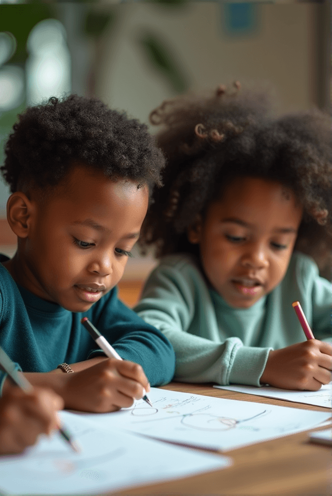 Two children are focused on drawing with colored pencils.