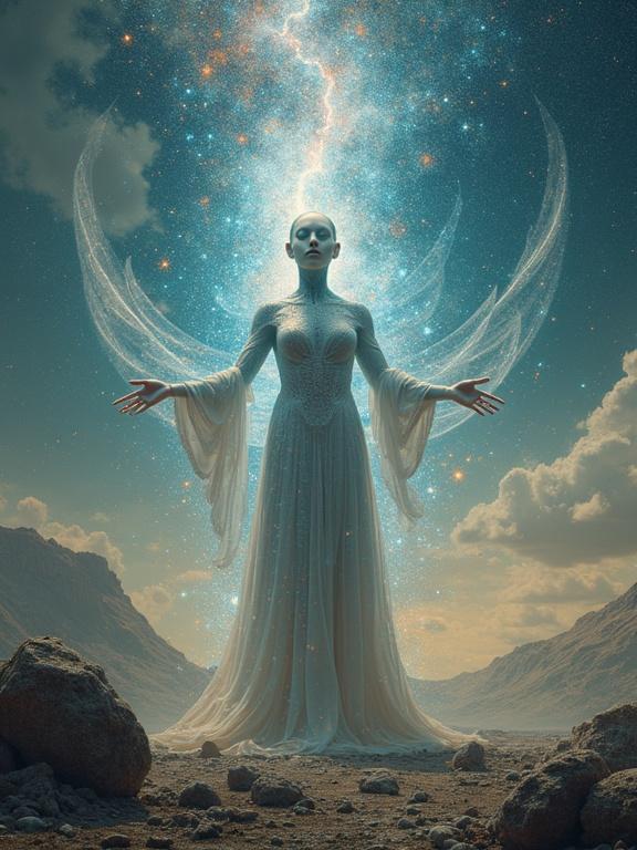 A surrealistic scene with an ethereal woman made of stardust and fractal light. She towers over a desolate landscape with shattered satellites and fossilized machines. Her serene face blends alien beauty with ancient rage. Behind her, a colorful rift pulses in the sky. She opens her arms, releasing glowing nanites like fireflies. The atmosphere is transformative and charged with unseen power.