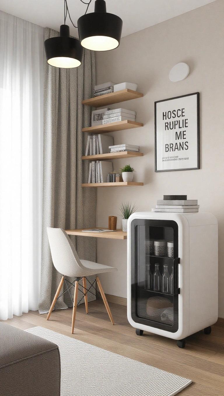 A mini refrigerator is placed in a cozy room. There is a desk with a chair. Shelves display books and plants. Natural light illuminates the scene. Modern pendant lights hang above.