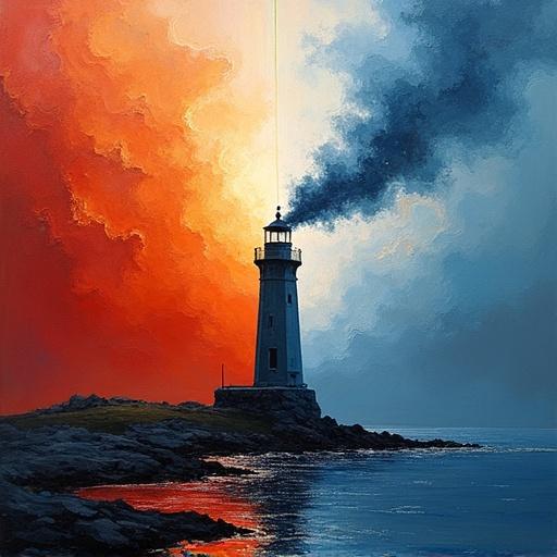 Surreal abstract vision of a lighthouse with fiery reds and oranges on one side and icy blues and silvers on the other. Twisted upward strokes resembling smoke. Light beams streaking into a void. Abstract oil painting style with symbolic balance. Layered palette knife textures creating a dreamlike and raw feel.