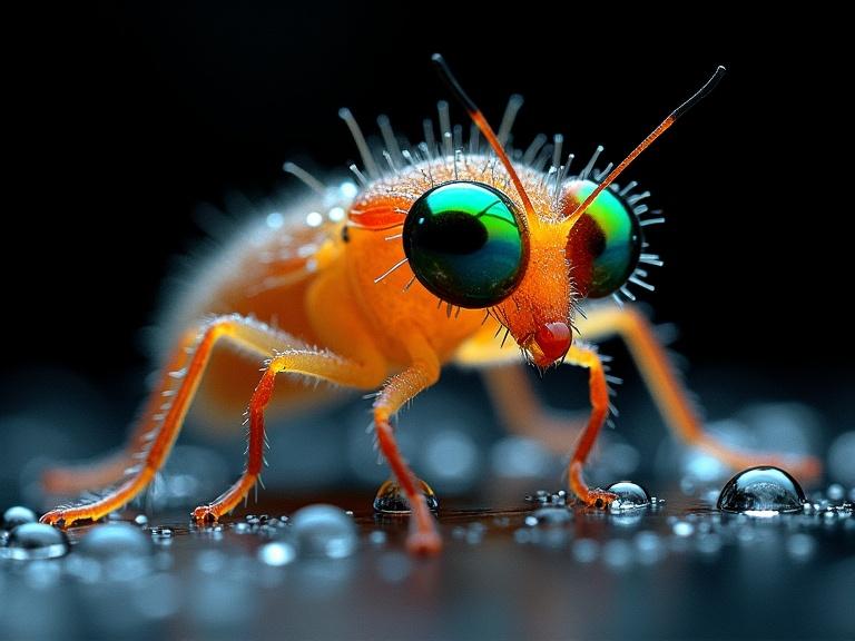 Hyper-detailed illustration of an aquatic insect with fine hairs and vibrant orange colors. Large, iridescent eyes in green, blue, and orange emphasize beauty. Surround with water droplets reflecting light for a shimmering effect. Use soft lighting to enhance textures. Background is black to isolate the insect, creating a captivating scene.