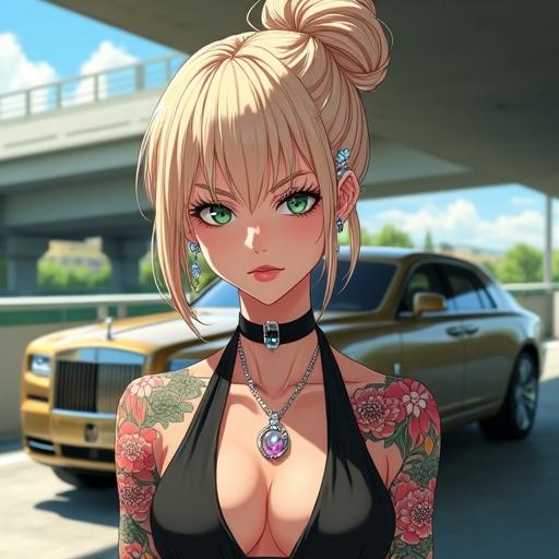 Anime character with emerald green eyes and beautiful face. Oversized light blonde French bun. Elegant light pink diamond jewelry. Futuristic and hi-tech design. Half Japanese, half Saiyan. Big breasts and muscular arms. 6 pack abs with light pink lipstick. White eyeshadow and piercings. Double belly button ring. In a parking lot of a luxurious Kamakiri Industries building. Colorful traditional Japanese tattoos. Co-leader of Kamakiri Ryu Ninja Clan. Wearing modern business dress. Standing behind a light gold and onyx black Rolls Royce Phantom.