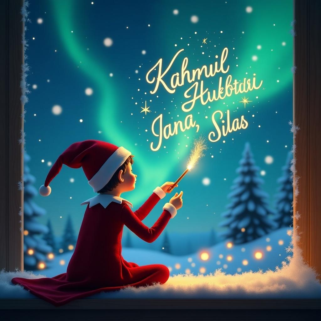 The scene captures an elf on the shelf, sitting by a window with its back to the viewer. The elf is gazing up towards a magical sky filled with beautiful northern lights. Using a sparkling wand, the elf elegantly writes names into the sky. The background is a whimsical winter wonderland, complete with snow-covered trees and hints of Santa Claus. The atmosphere is enchanting and festive, perfect for the holiday season. This image embodies the spirit of Christmas and the excitement of holiday magic.